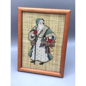 Framed Cross Stitch Art Santa Claus Old World on Wicker Father Christmas Decor‎